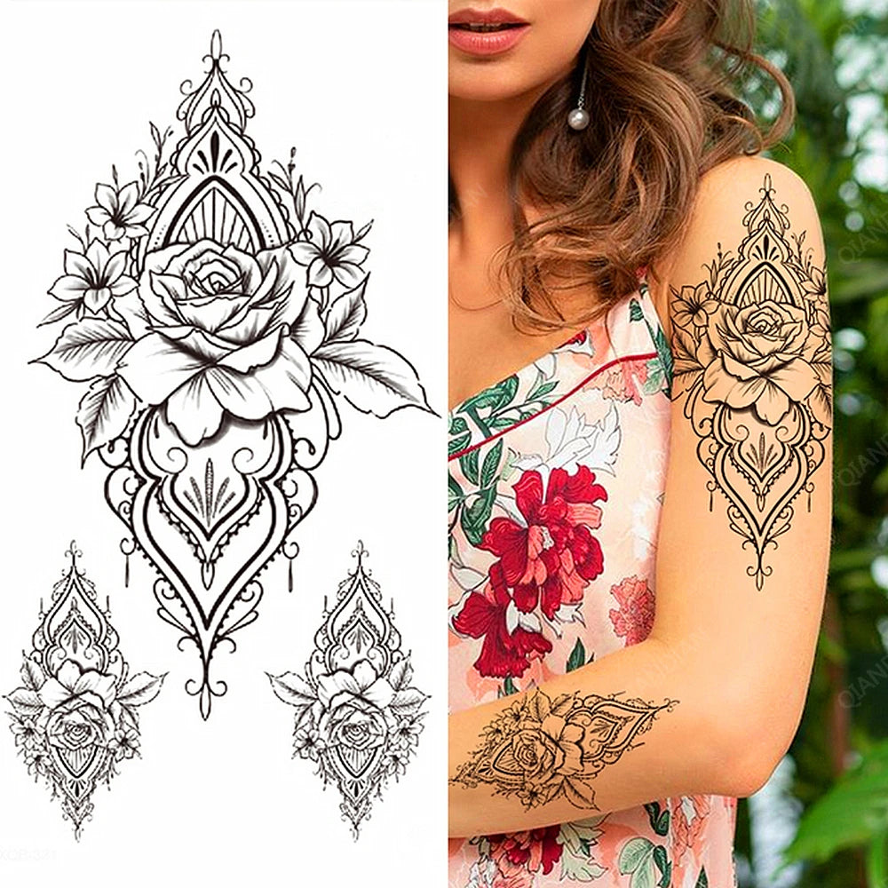 Black Temporary Tattoos Sexy Women Body Arm Art Compass Snake Flower Henna Mandala Waterproof  Character Fake Girl Tatoo Sticker