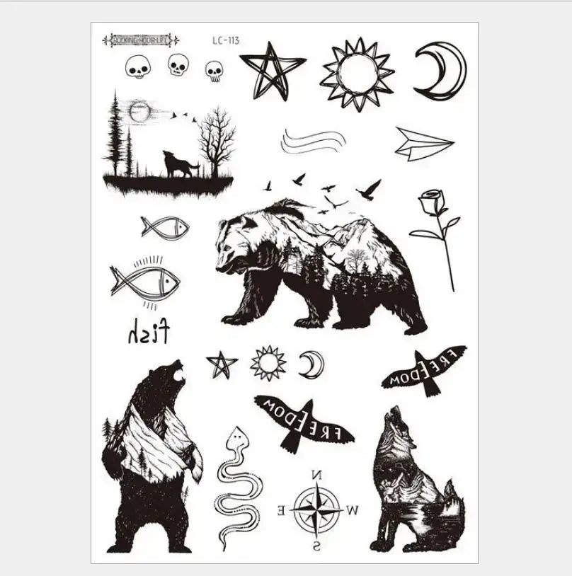 Waterproof Temporary Tattoos For Men Fake Sticker Sleeve Body Art Face Back Bull Skull Eye Animal Stuff Transfer Stickers T1886