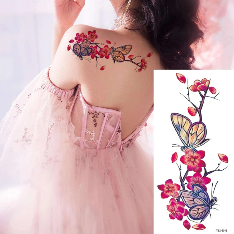 12Pcs Fake Temporary Tattoos Flower Girls Rose Peony Flash Waterproof Body Arm Art Shoulder DIY Women Sleeve Sticker