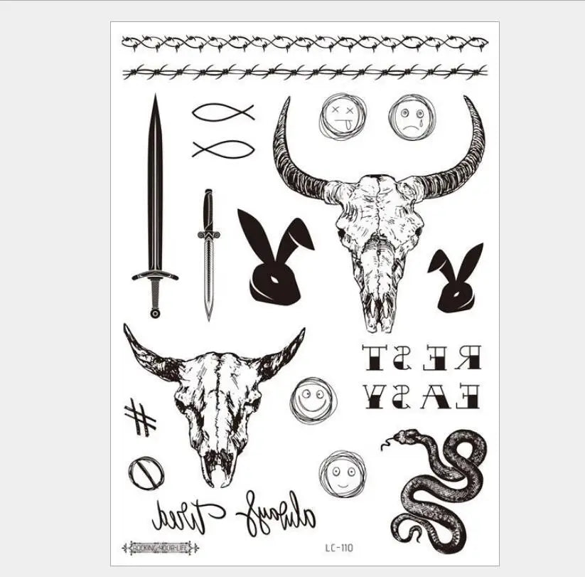 Waterproof Temporary Tattoos For Men Fake Sticker Sleeve Body Art Face Back Bull Skull Eye Animal Stuff Transfer Stickers T1886