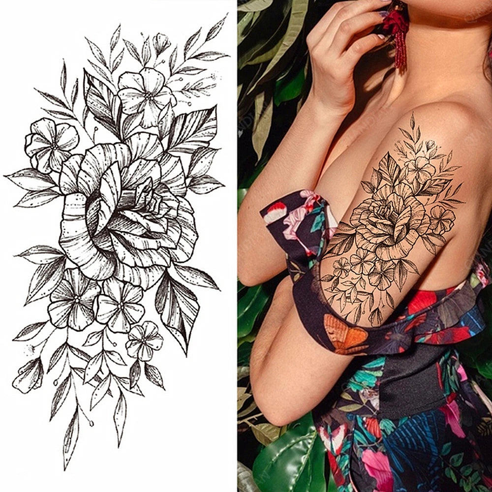 Black Temporary Tattoos Sexy Women Body Arm Art Compass Snake Flower Henna Mandala Waterproof  Character Fake Girl Tatoo Sticker
