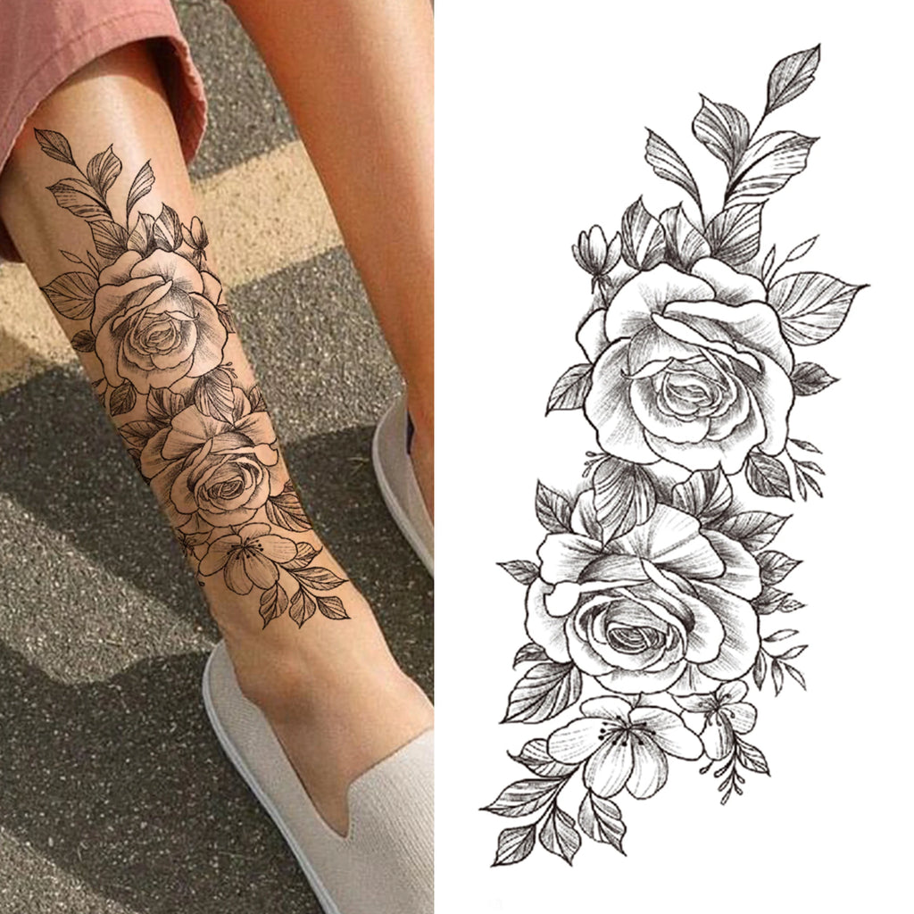 Black 3D Rose Temporary Tattoo For Women Girls Adult Peony Dahlia Flower Tattoos Sticker Black Flora Glory Geometric Arm Tatoos