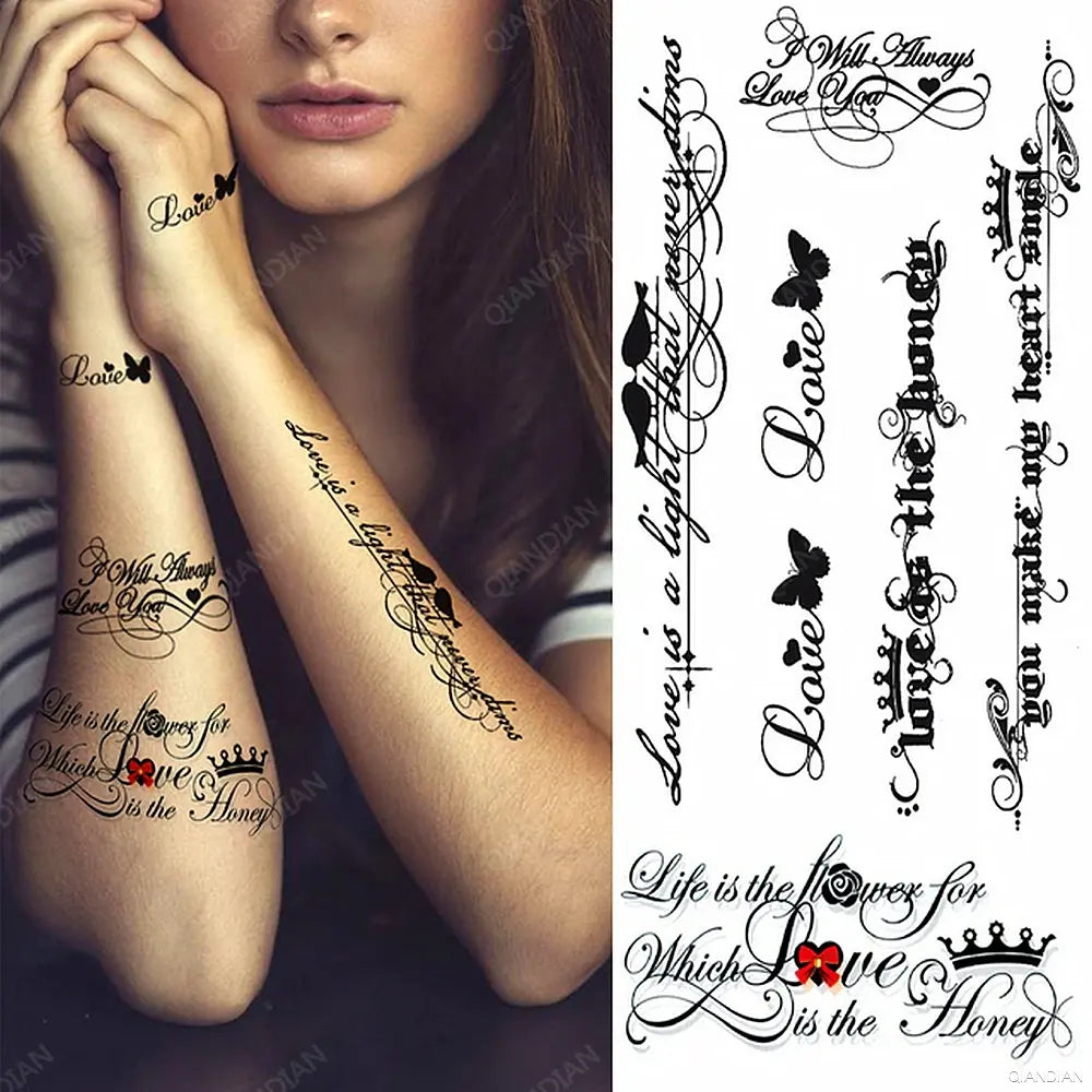Watercolor Arm Letter Temporary Tattoos Sleeve English Word Lip Print Feather Decorate Realistic Fake Body Women Totem Sticker