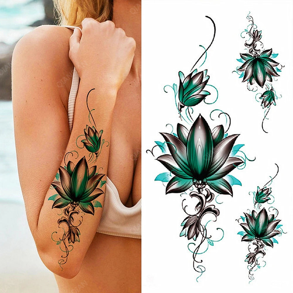 Black Temporary Tattoos Sexy Women Body Arm Art Compass Snake Flower Henna Mandala Waterproof  Character Fake Girl Tatoo Sticker