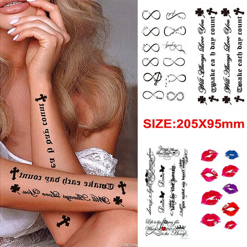 Watercolor Arm Letter Temporary Tattoos Sleeve English Word Lip Print Feather Decorate Realistic Fake Body Women Totem Sticker
