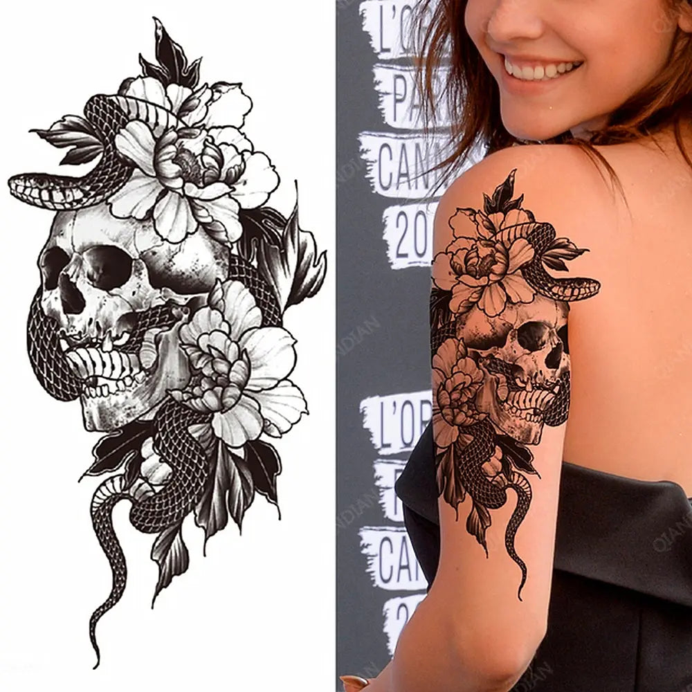 Black Temporary Tattoos Sexy Women Body Arm Art Compass Snake Flower Henna Mandala Waterproof  Character Fake Girl Tatoo Sticker
