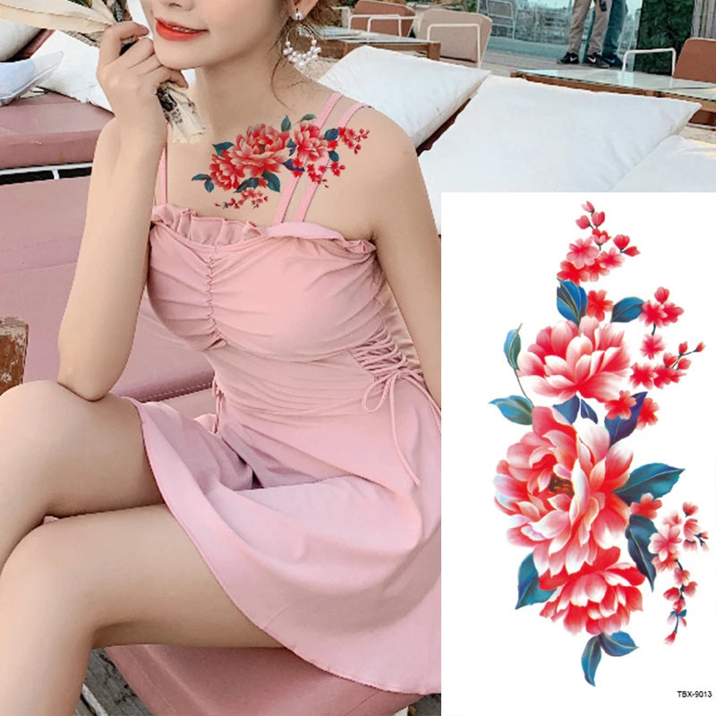 12Pcs Fake Temporary Tattoos Flower Girls Rose Peony Flash Waterproof Body Arm Art Shoulder DIY Women Sleeve Sticker