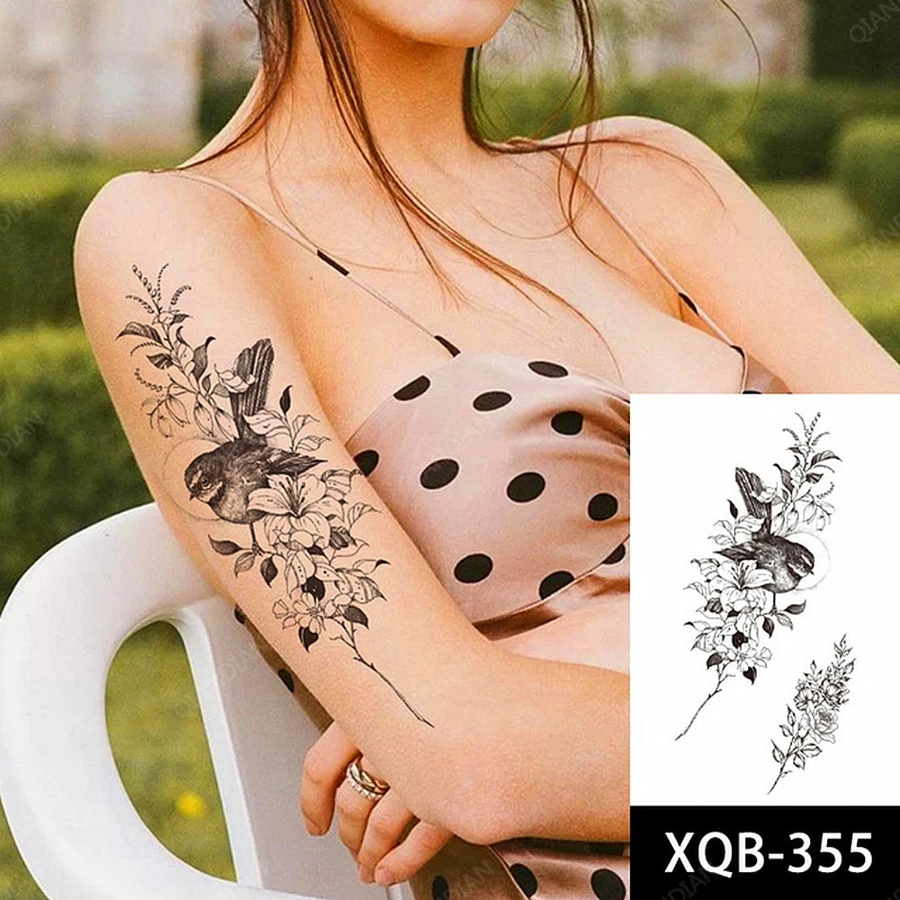 Black Temporary Tattoos Sexy Women Body Arm Art Compass Snake Flower Henna Mandala Waterproof  Character Fake Girl Tatoo Sticker