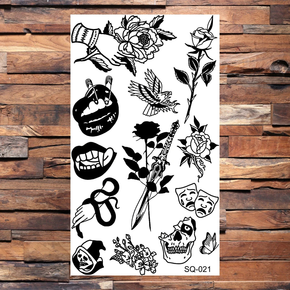 Black Lips Temporary Tattoos For Women Men Realistic Eye Skull Planet String Fake Tattoo Sticker Hand Body Tatoos Hot Sale Small