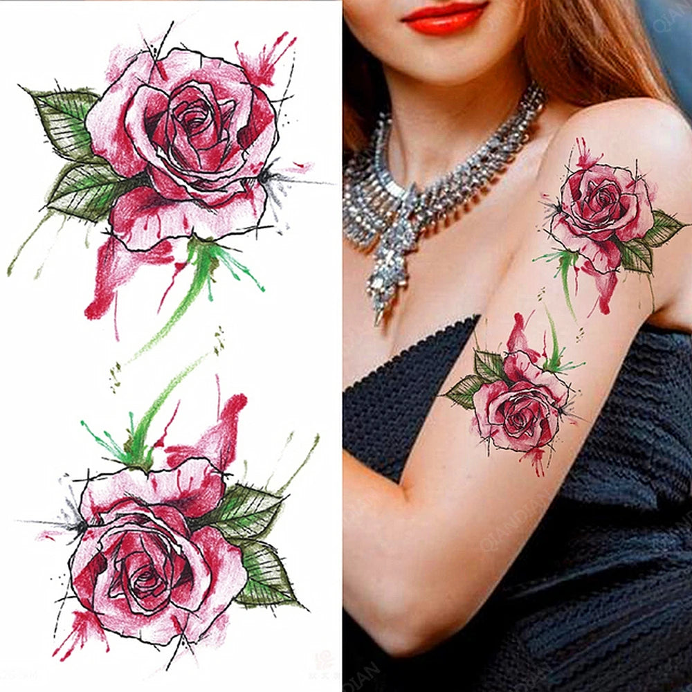 Black Temporary Tattoos Sexy Women Body Arm Art Compass Snake Flower Henna Mandala Waterproof  Character Fake Girl Tatoo Sticker