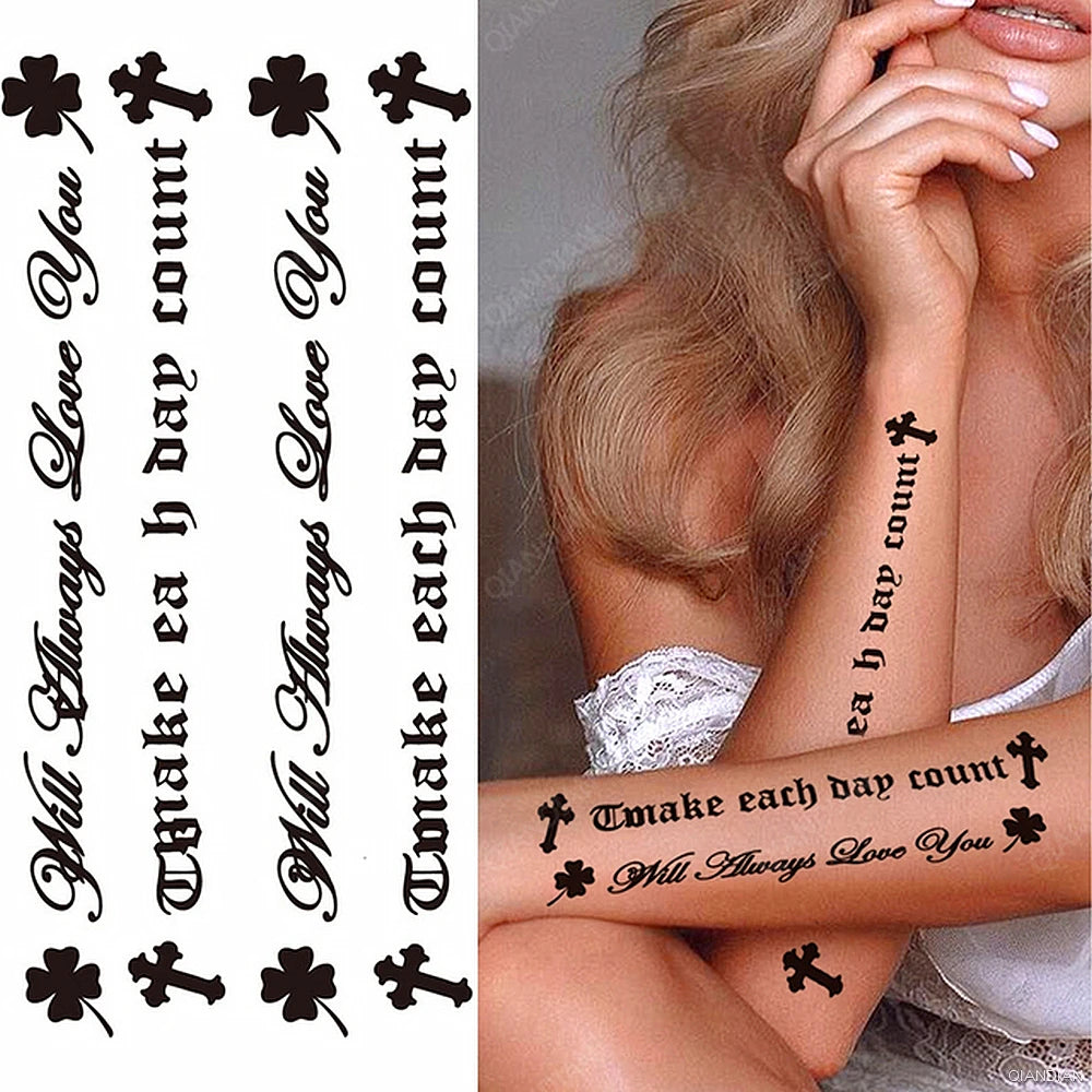 Watercolor Arm Letter Temporary Tattoos Sleeve English Word Lip Print Feather Decorate Realistic Fake Body Women Totem Sticker