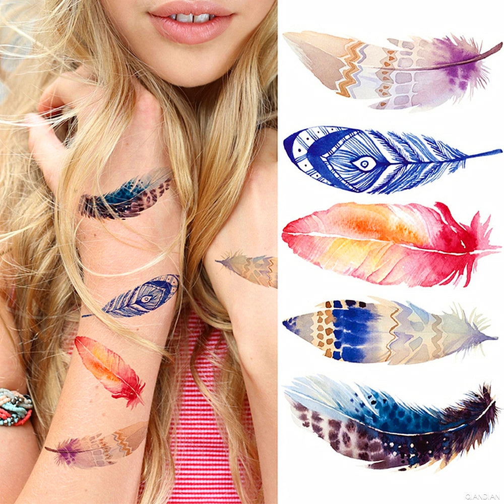 Watercolor Arm Letter Temporary Tattoos Sleeve English Word Lip Print Feather Decorate Realistic Fake Body Women Totem Sticker