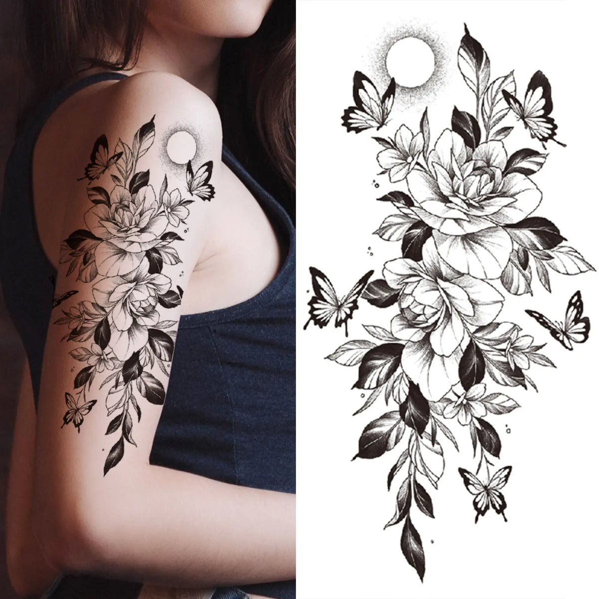 Black 3D Rose Temporary Tattoo For Women Girls Adult Peony Dahlia Flower Tattoos Sticker Black Flora Glory Geometric Arm Tatoos