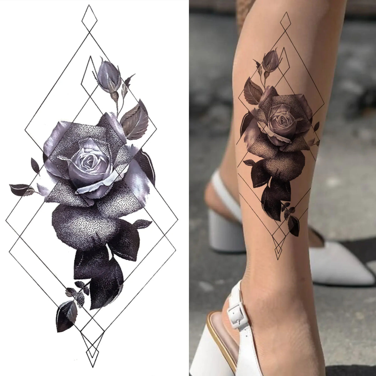 Black 3D Rose Temporary Tattoo For Women Girls Adult Peony Dahlia Flower Tattoos Sticker Black Flora Glory Geometric Arm Tatoos