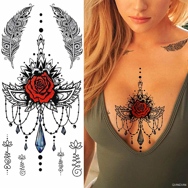 Watercolor Arm Letter Temporary Tattoos Sleeve English Word Lip Print Feather Decorate Realistic Fake Body Women Totem Sticker