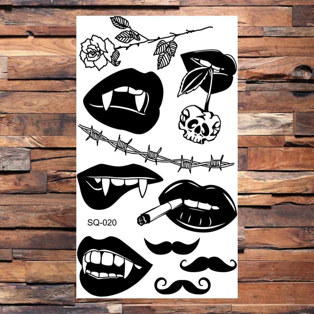 Black Lips Temporary Tattoos For Women Men Realistic Eye Skull Planet String Fake Tattoo Sticker Hand Body Tatoos Hot Sale Small