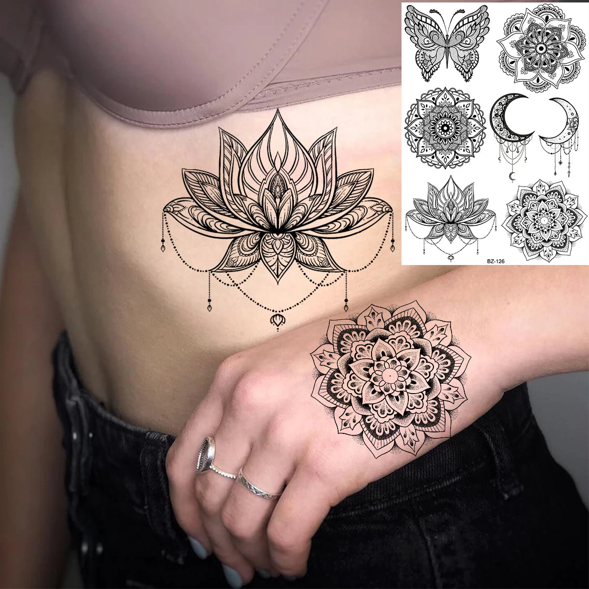 Black Rose Flower Sexy Temporary Tattoos For Women Adult Thigh Peony Skull Realistic Fake Tattoo Sexy Washable Tatoos Sticker