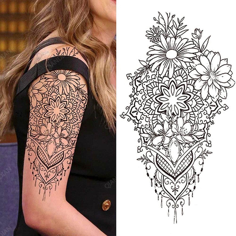 Black Temporary Tattoos Sexy Women Body Arm Art Compass Snake Flower Henna Mandala Waterproof  Character Fake Girl Tatoo Sticker