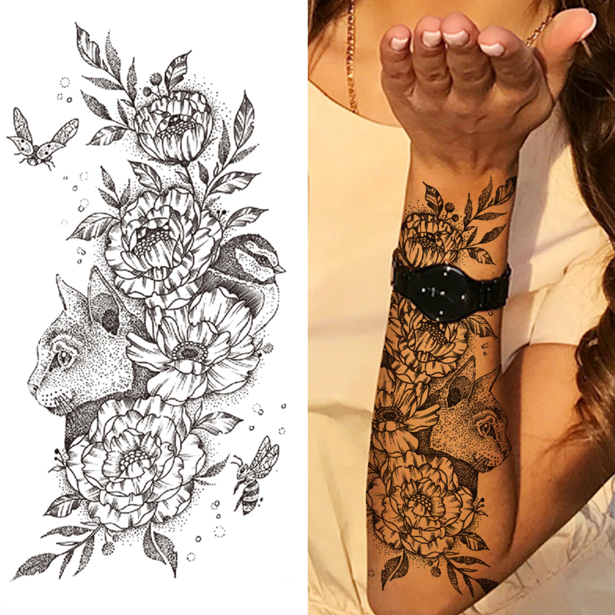 Black 3D Rose Temporary Tattoo For Women Girls Adult Peony Dahlia Flower Tattoos Sticker Black Flora Glory Geometric Arm Tatoos