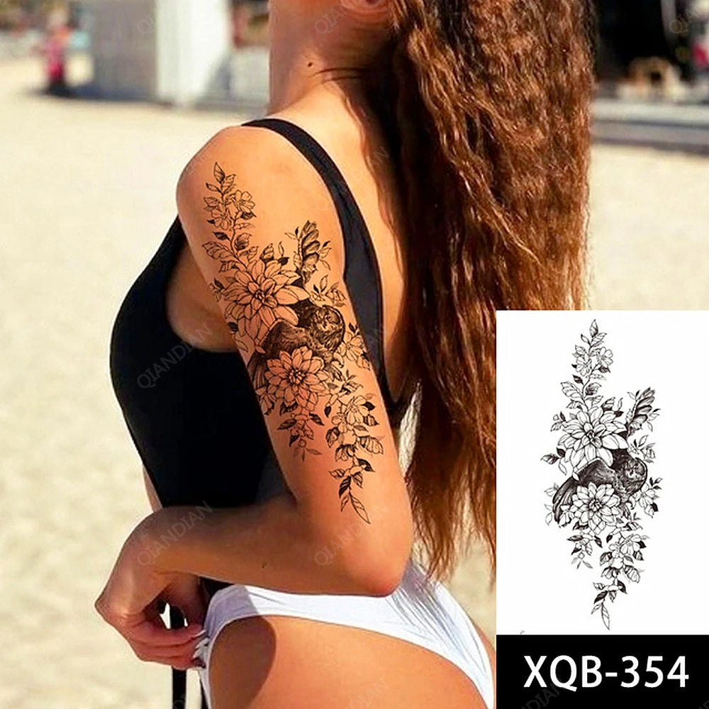 Black Temporary Tattoos Sexy Women Body Arm Art Compass Snake Flower Henna Mandala Waterproof  Character Fake Girl Tatoo Sticker