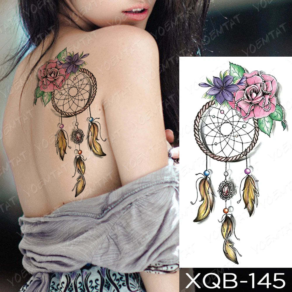 Waterproof Temporary Tattoo Sticker FLowers Dream Catcher Flash Tattoos Flowers Bird Rose Body Art Arm Fake Sleeve Tatoo Women