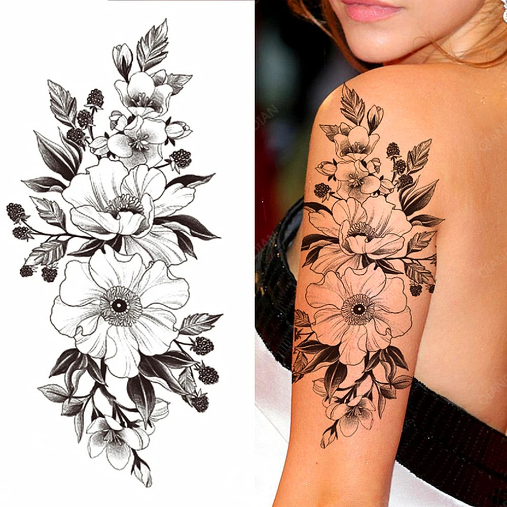 Black Temporary Tattoos Sexy Women Body Arm Art Compass Snake Flower Henna Mandala Waterproof  Character Fake Girl Tatoo Sticker