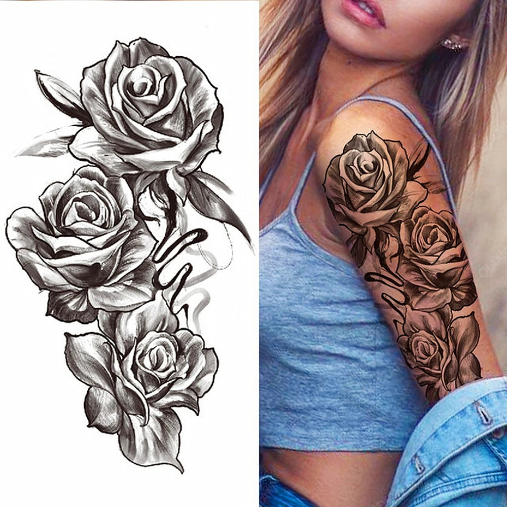 Black Temporary Tattoos Sexy Women Body Arm Art Compass Snake Flower Henna Mandala Waterproof  Character Fake Girl Tatoo Sticker