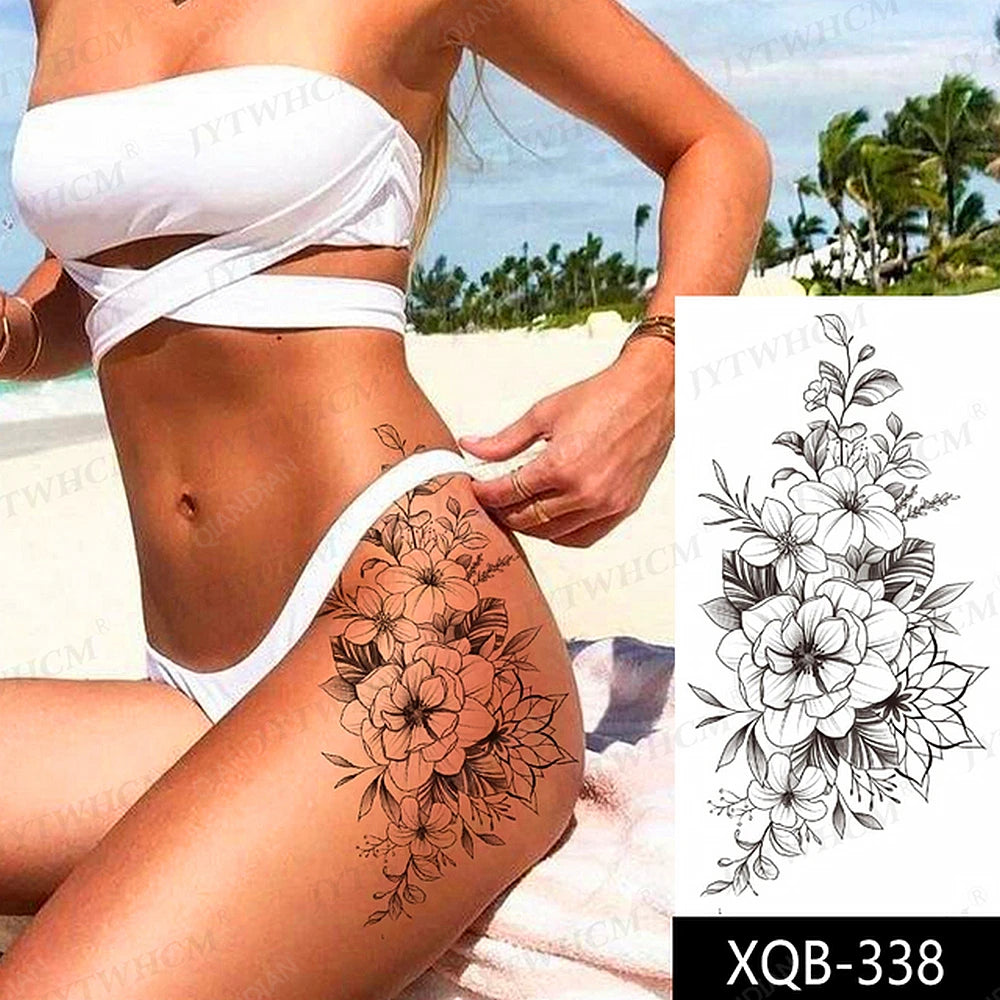 Black Temporary Tattoos Sexy Women Body Arm Art Compass Snake Flower Henna Mandala Waterproof  Character Fake Girl Tatoo Sticker