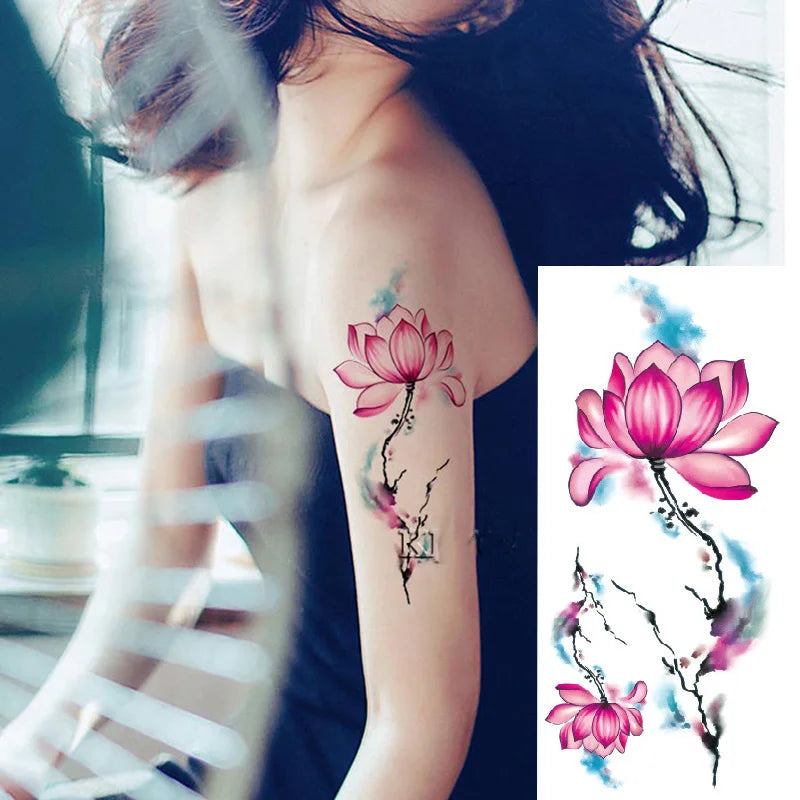 1piece Body art  flash henna tattoo fake temporary tattoos stickers rose peony flowers arm shoulder tattoo waterproof women