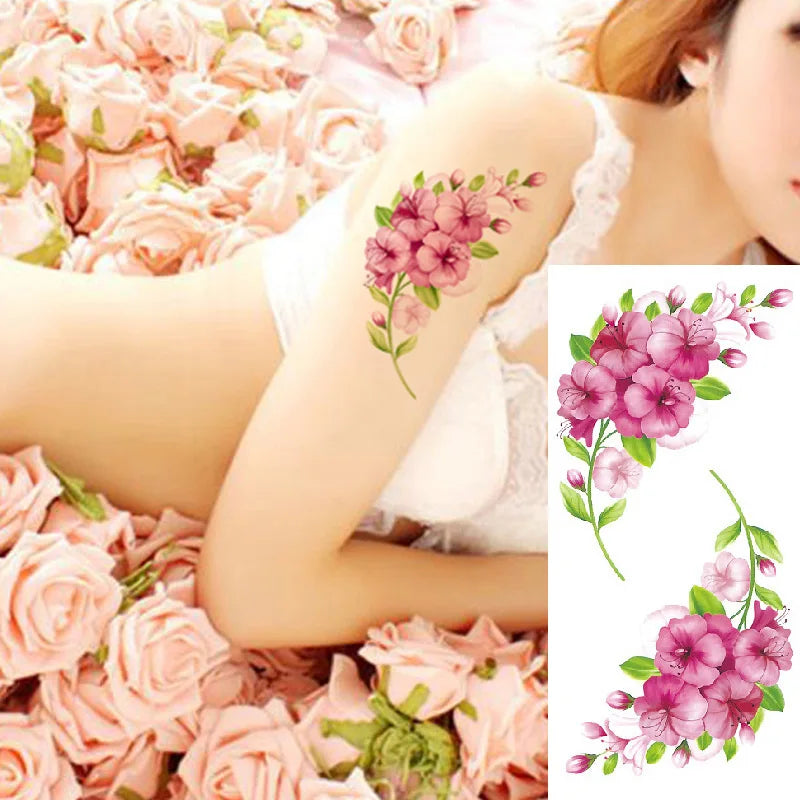1piece Body art  flash henna tattoo fake temporary tattoos stickers rose peony flowers arm shoulder tattoo waterproof women