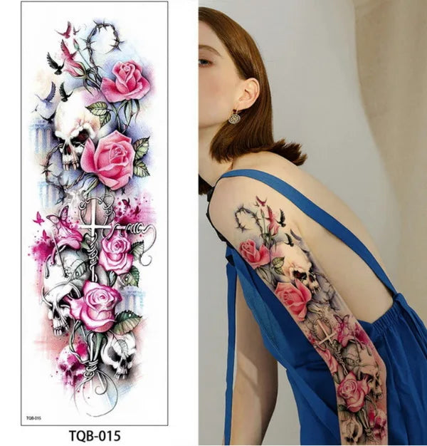 Big Arm Temporary Tattoo Sticker Colorful Peony rose flowers Fake Tattoo Sleeves Flash Tatto Waterproof Body/leg Art paint Women