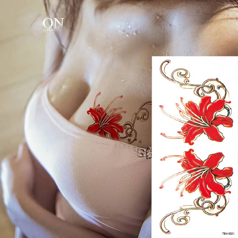 1piece Body art  flash henna tattoo fake temporary tattoos stickers rose peony flowers arm shoulder tattoo waterproof women
