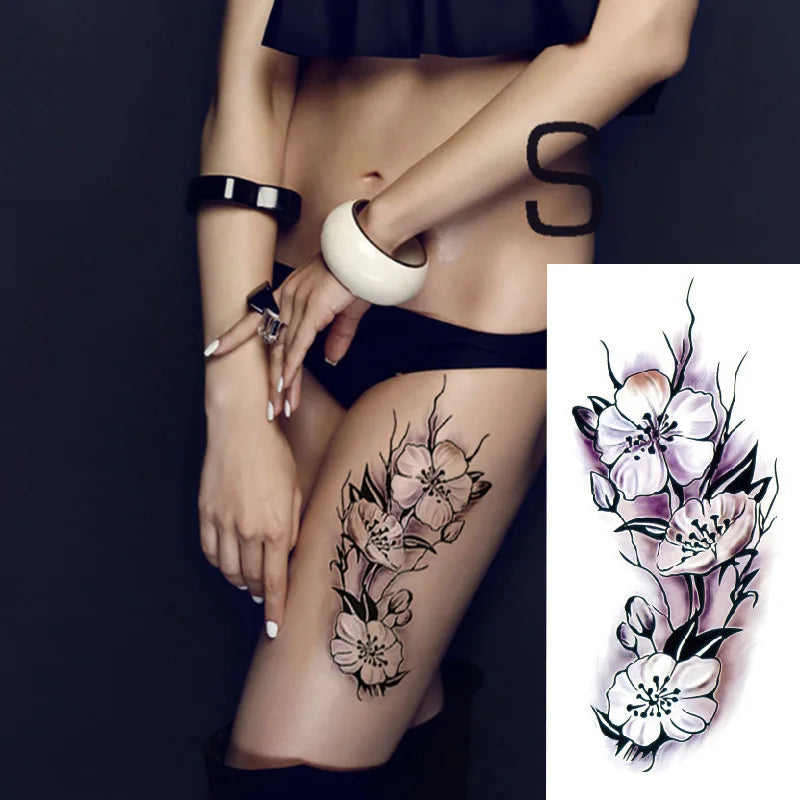 1piece Body art  flash henna tattoo fake temporary tattoos stickers rose peony flowers arm shoulder tattoo waterproof women