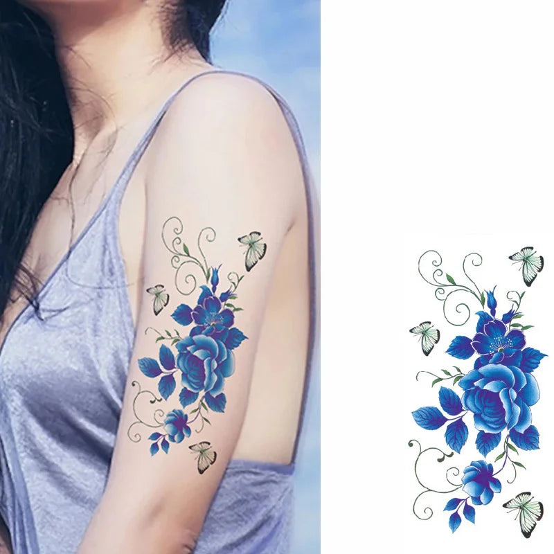 1piece Body art  flash henna tattoo fake temporary tattoos stickers rose peony flowers arm shoulder tattoo waterproof women