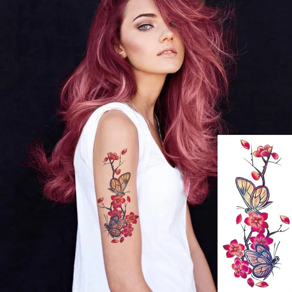 1piece Body art  flash henna tattoo fake temporary tattoos stickers rose peony flowers arm shoulder tattoo waterproof women