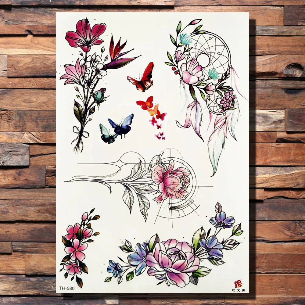 FANRUI Dreamcatcher Butterfly Temporary Tattoo Sticker Geometric Peony Flower Group Sweatpeas Tattoos Body Arm Sexy Fake Tatoo