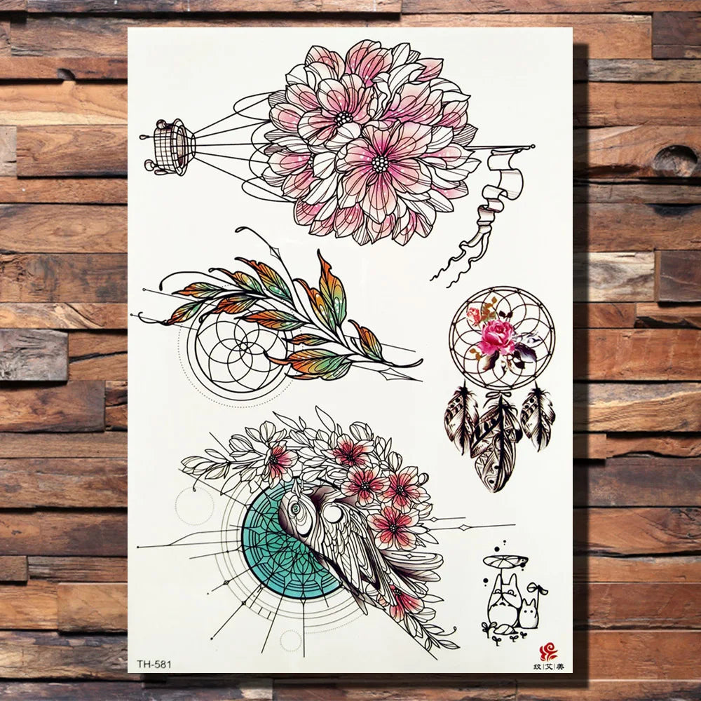 FANRUI Dreamcatcher Butterfly Temporary Tattoo Sticker Geometric Peony Flower Group Sweatpeas Tattoos Body Arm Sexy Fake Tatoo