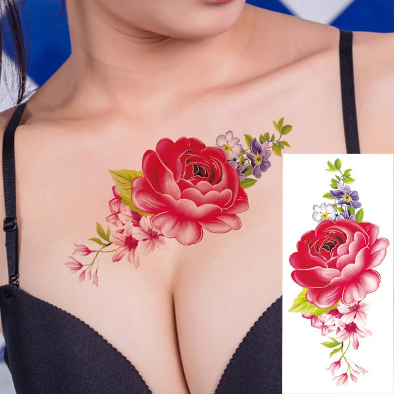 1piece Body art  flash henna tattoo fake temporary tattoos stickers rose peony flowers arm shoulder tattoo waterproof women