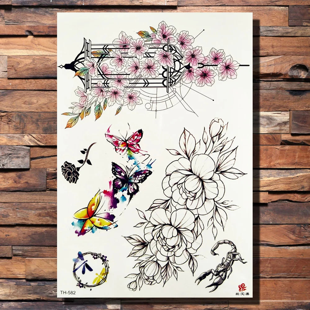 FANRUI Dreamcatcher Butterfly Temporary Tattoo Sticker Geometric Peony Flower Group Sweatpeas Tattoos Body Arm Sexy Fake Tatoo