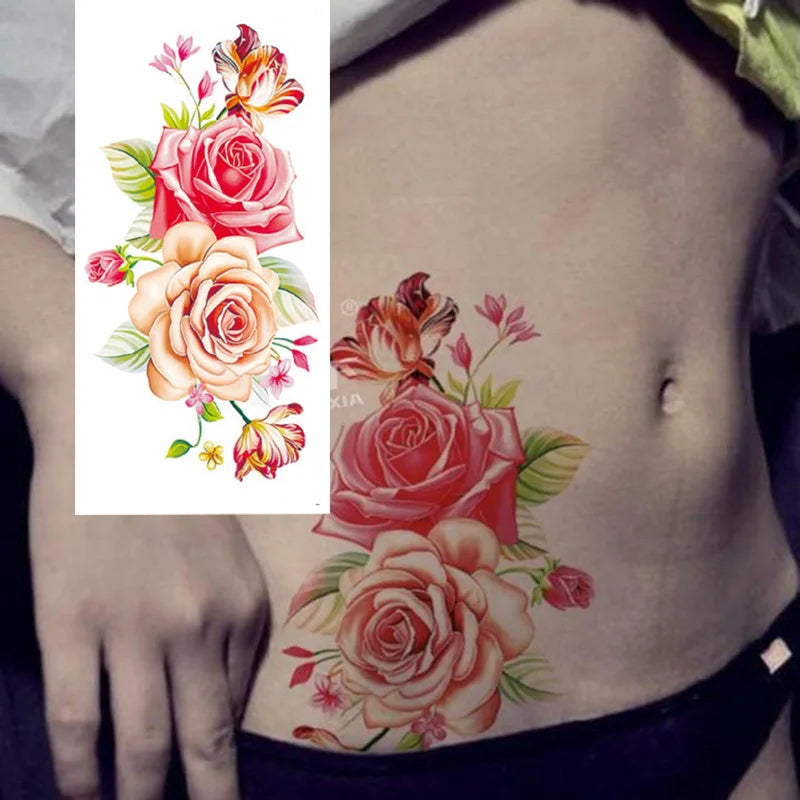 1piece Body art  flash henna tattoo fake temporary tattoos stickers rose peony flowers arm shoulder tattoo waterproof women