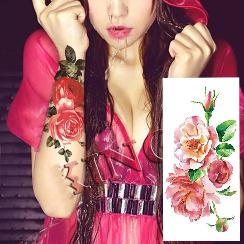1piece Body art  flash henna tattoo fake temporary tattoos stickers rose peony flowers arm shoulder tattoo waterproof women