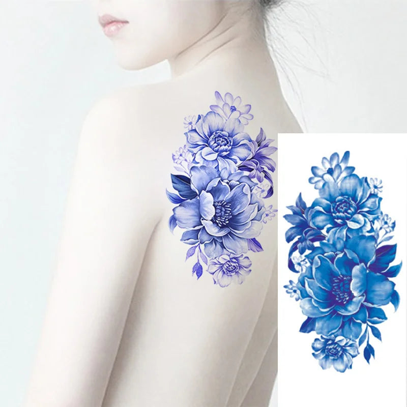 1piece Body art  flash henna tattoo fake temporary tattoos stickers rose peony flowers arm shoulder tattoo waterproof women