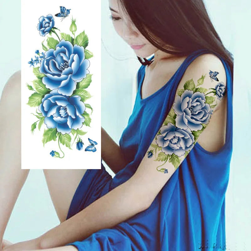 1piece Body art  flash henna tattoo fake temporary tattoos stickers rose peony flowers arm shoulder tattoo waterproof women