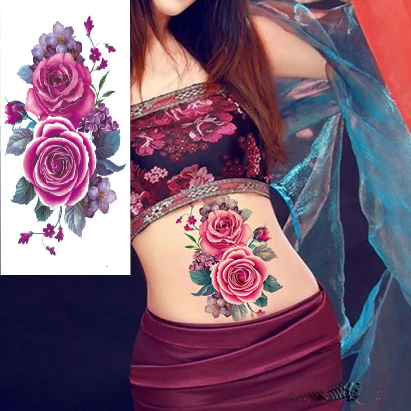 1piece Body art  flash henna tattoo fake temporary tattoos stickers rose peony flowers arm shoulder tattoo waterproof women
