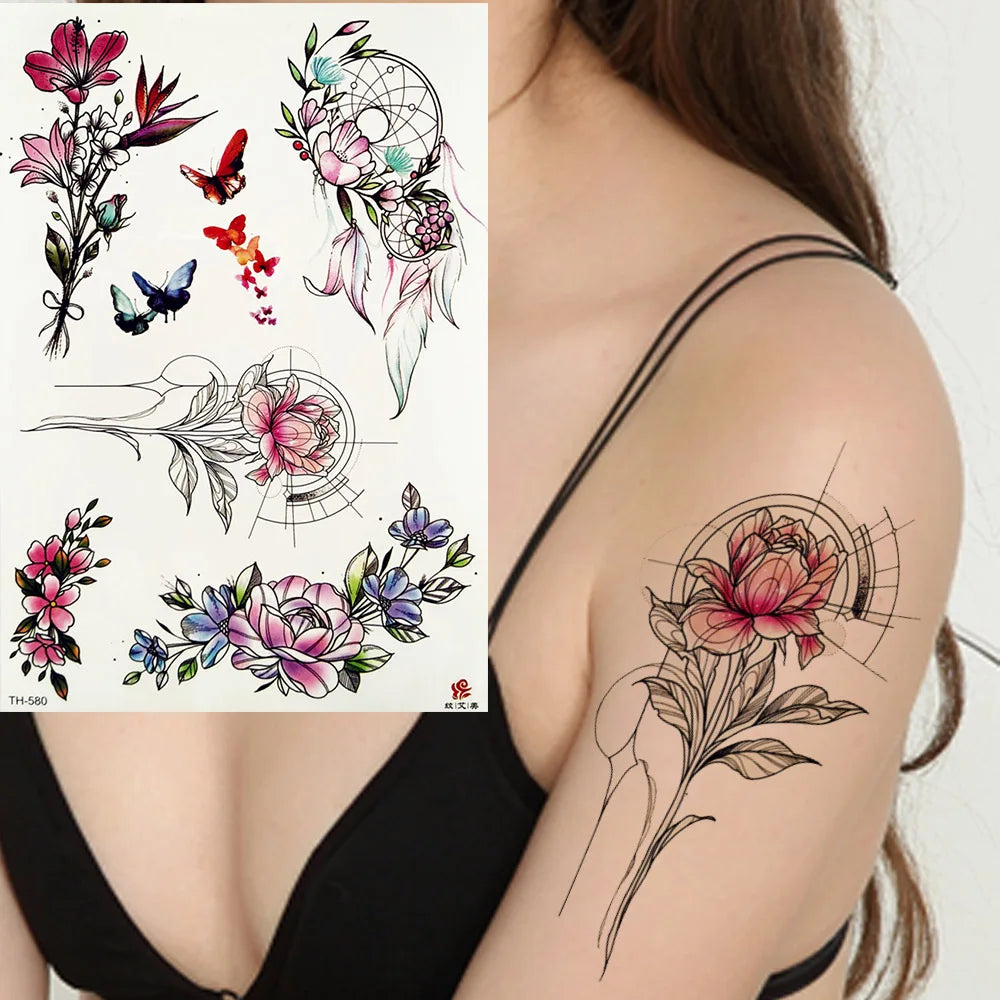 FANRUI Dreamcatcher Butterfly Temporary Tattoo Sticker Geometric Peony Flower Group Sweatpeas Tattoos Body Arm Sexy Fake Tatoo