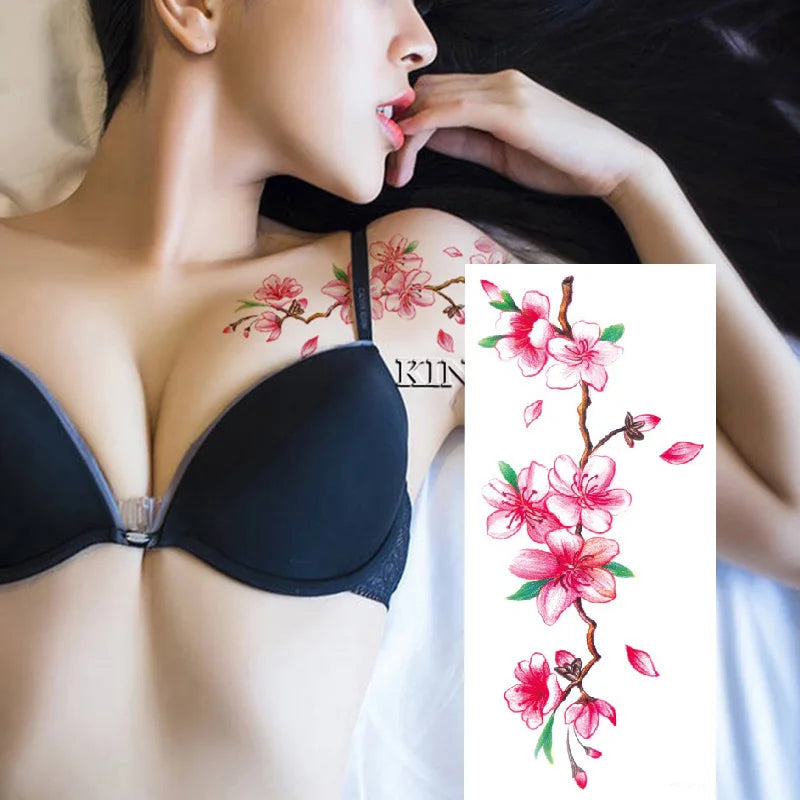 1piece Body art  flash henna tattoo fake temporary tattoos stickers rose peony flowers arm shoulder tattoo waterproof women