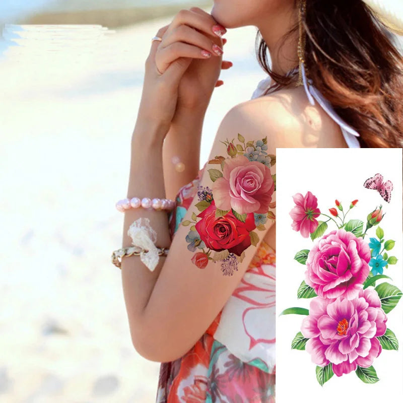 1piece Body art  flash henna tattoo fake temporary tattoos stickers rose peony flowers arm shoulder tattoo waterproof women