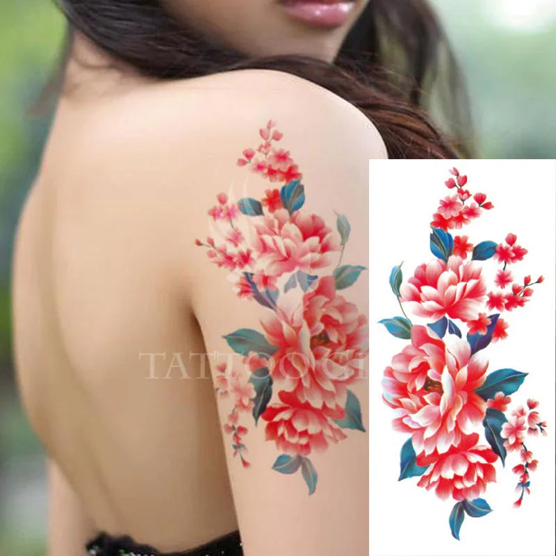 1piece Body art  flash henna tattoo fake temporary tattoos stickers rose peony flowers arm shoulder tattoo waterproof women