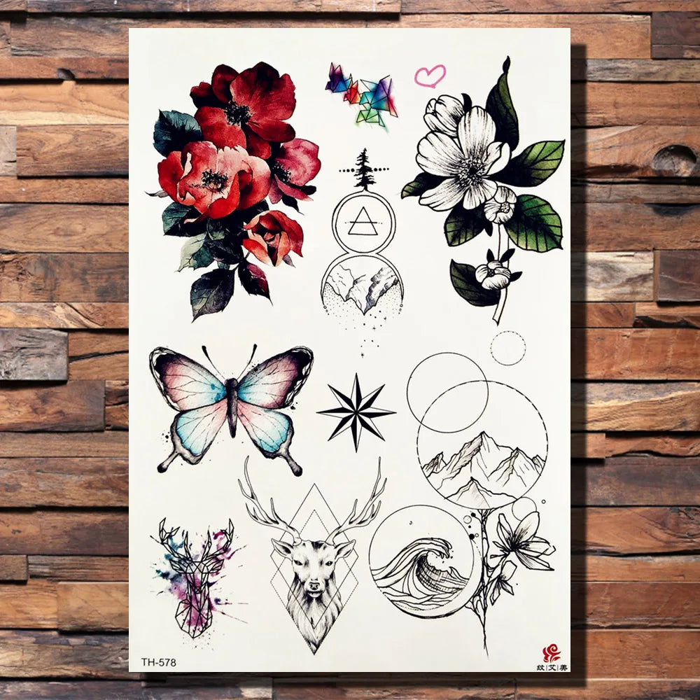 FANRUI Dreamcatcher Butterfly Temporary Tattoo Sticker Geometric Peony Flower Group Sweatpeas Tattoos Body Arm Sexy Fake Tatoo