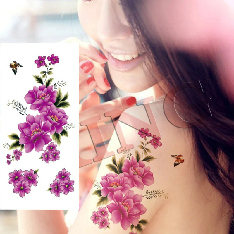 1piece Body art  flash henna tattoo fake temporary tattoos stickers rose peony flowers arm shoulder tattoo waterproof women